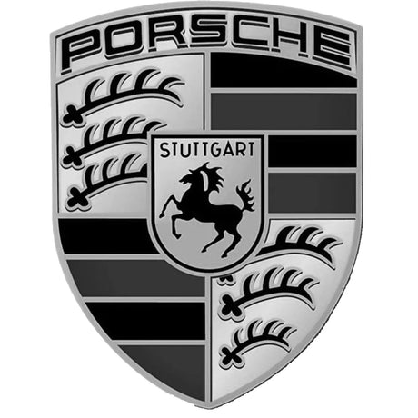 Porsche-Logo in Schwarz-Weiß mit einem Pferd und einem Geweih, in der Mitte steht Stuttgart.