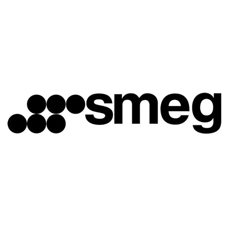 Smeg-Logo mit schwarzen Kreisen, die ein Muster bilden, links vom Wort smeg in fetten Kleinbuchstaben.