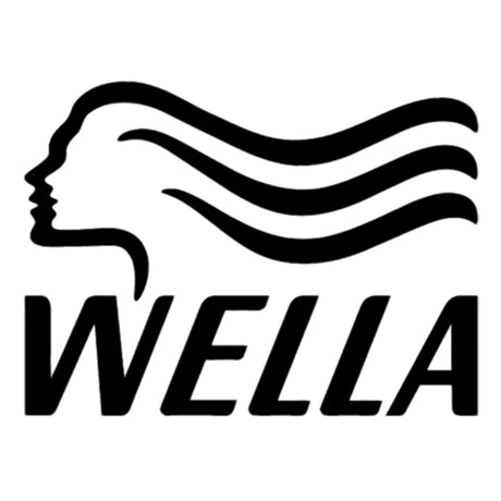 Schwarzes Wella-Logo mit dem Profil einer Frau und gewelltem Haar über dem Wort WELLA in fetten Buchstaben.