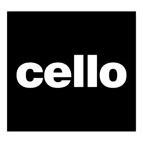 Weißer Kleinbuchstaben-Cello-Text auf schwarzem, quadratischem Hintergrund.