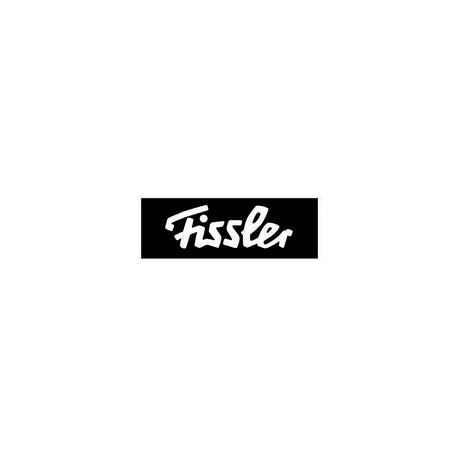 Weißes Fissler-Logo in handschriftlichem Stil auf schwarzem, rechteckigem Hintergrund, zentriert auf weißer Leinwand.