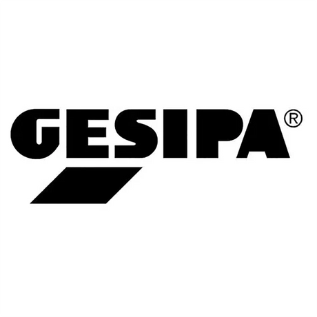 GESIPA-Logo in fetten schwarzen Buchstaben mit einem schrägen schwarzen Rechteck unter dem GE auf weißem Hintergrund.