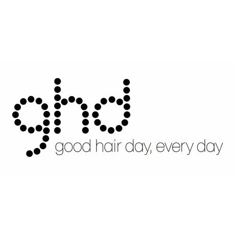 Ghd-Logo aus schwarzen Punkten, mit dem Slogan good hair day, every day in dünner schwarzer Schrift.