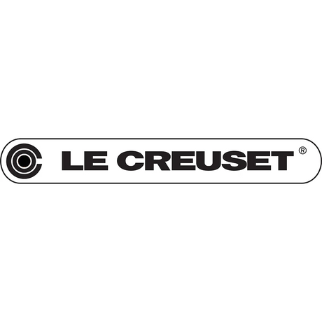 Schwarz-weißes Le Creuset-Logo mit fetter Schrift und kreisförmigem Emblem auf der linken Seite.