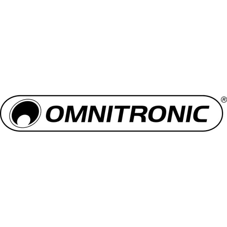 Omnitronic-Logo mit fettem schwarzen Text und einem kreisförmigen abstrakten Symbol auf weißem Hintergrund.
