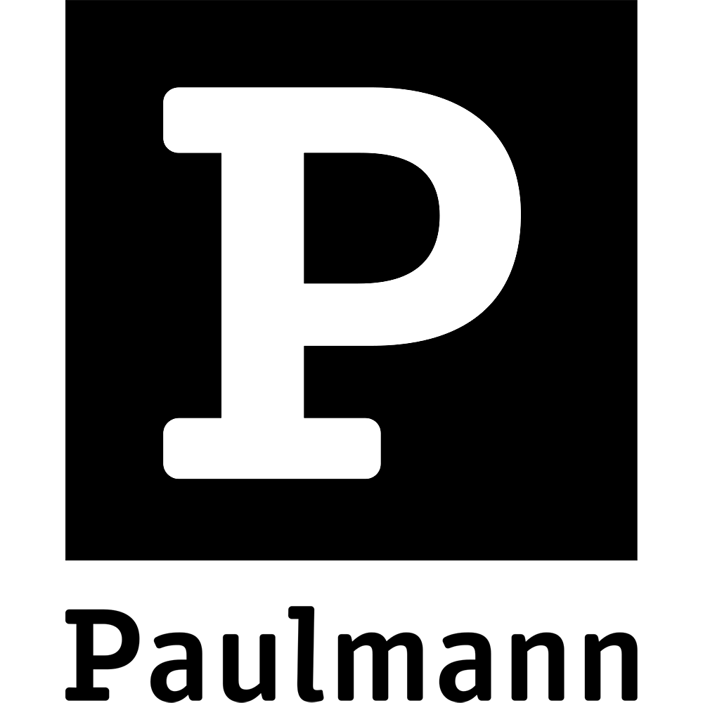 Ein fetter weißer Buchstabe P in einem schwarzen Quadrat über dem Wort Paulmann in schwarzer Schrift auf weißem Hintergrund.