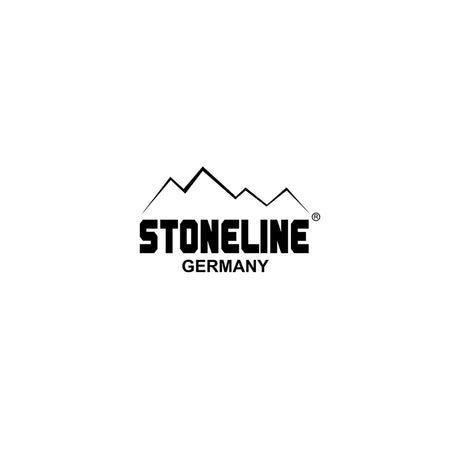 Schwarzer Bergumriss über dem fetten Text STONELINE GERMANY auf weißem Hintergrund.