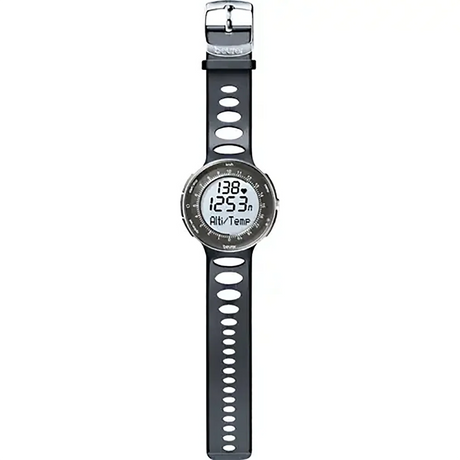 Digitale Armbanduhr mit schwarzem Band und rundem Zifferblatt zur Anzeige von Zeit, Höhe und Temperatur.