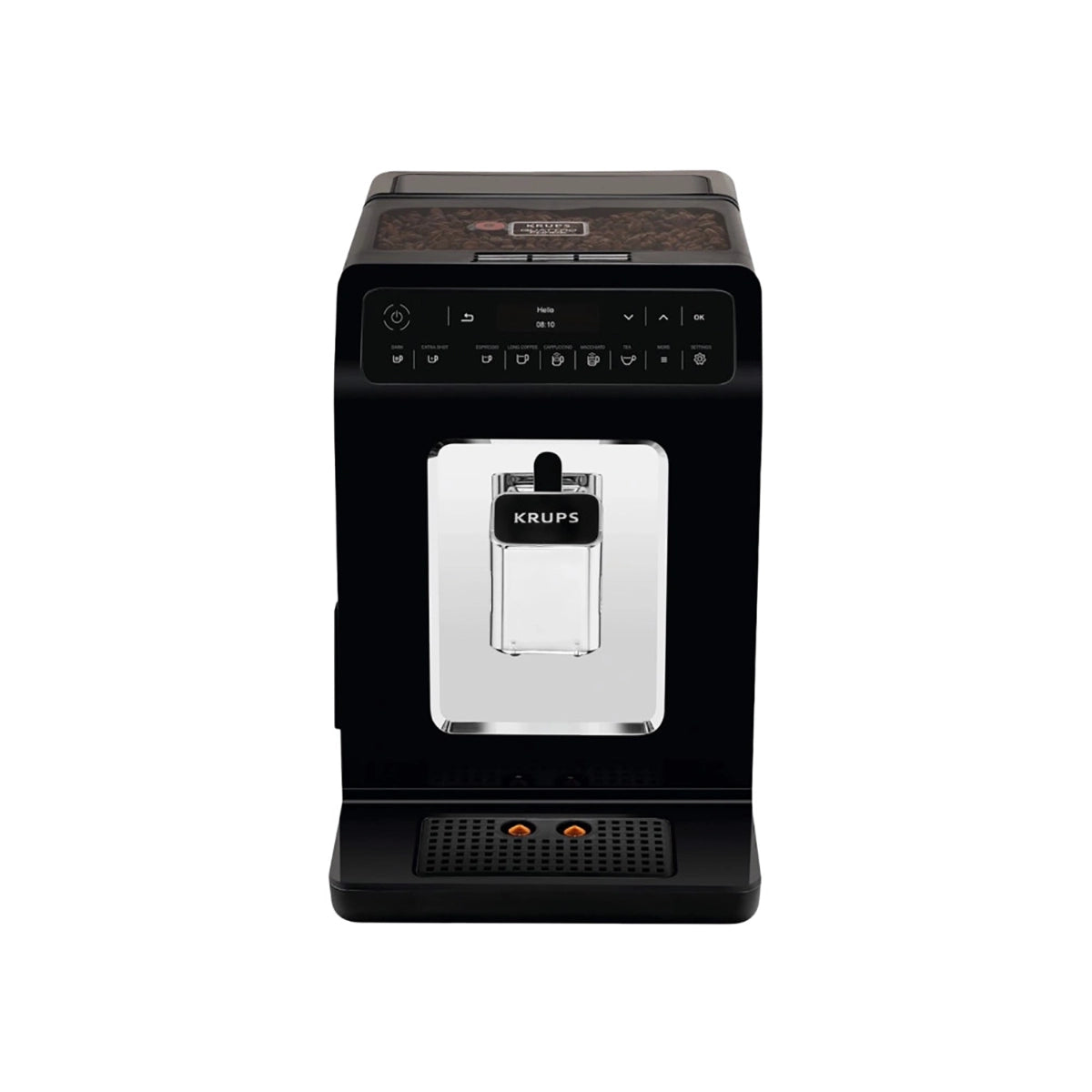 Der Krups EA8908 Evidence Kaffeevollautomat in Schwarz verfügt über digitale Bedienelemente, einen transparenten Wassertank und die Quattro Force Technologie für höchste Kaffeequalität, dargestellt auf weißem Hintergrund.
