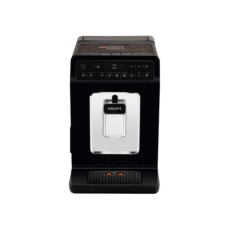 Der Krups EA8908 Evidence Kaffeevollautomat in Schwarz verfügt über digitale Bedienelemente, einen transparenten Wassertank und die Quattro Force Technologie für höchste Kaffeequalität, dargestellt auf weißem Hintergrund.