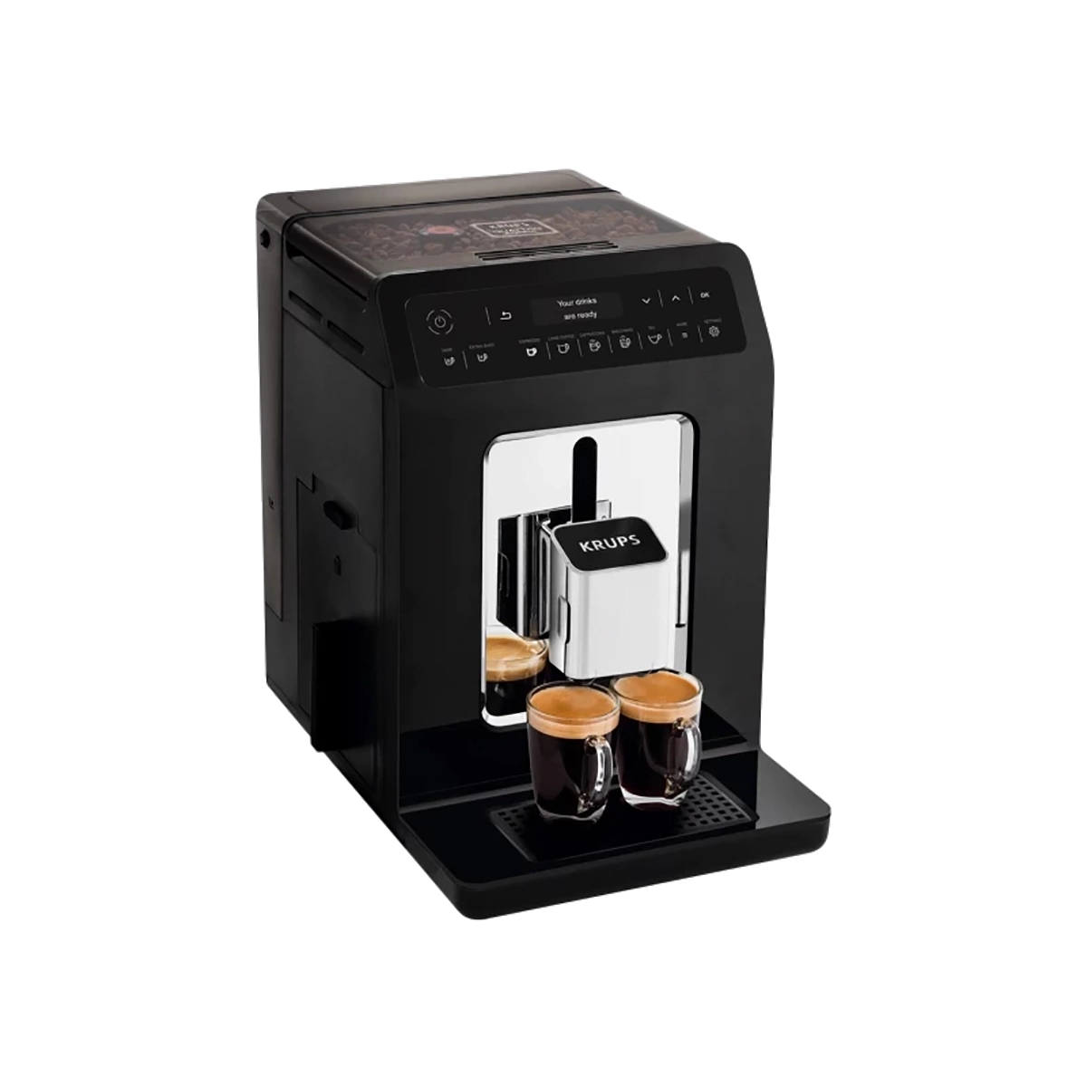 Der Krups EA8908 Evidence Kaffeevollautomat in schwarz, mit Quattro Force Technologie, brüht zwei Tassen Kaffee auf weißem Hintergrund.