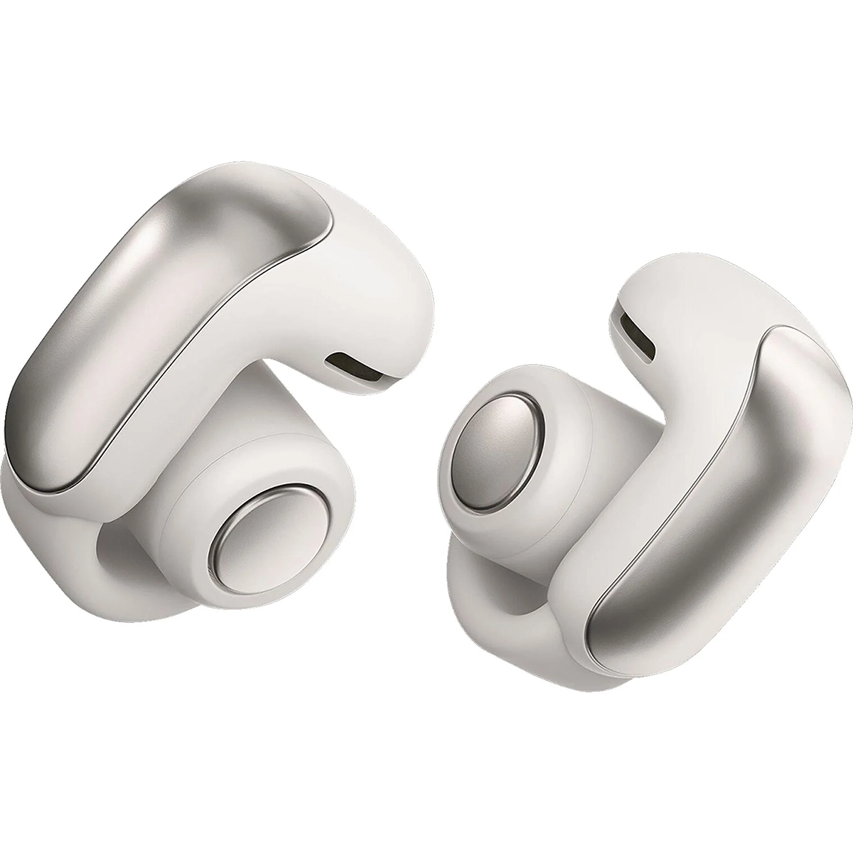 Die Samsung BOSE Ultra Open-ear Kopfhörer in weiß zeichnen sich durch ein offenes Design und einen modernen, abgerundeten Stil aus, der auf einem schlichten weißen Hintergrund dargestellt ist.