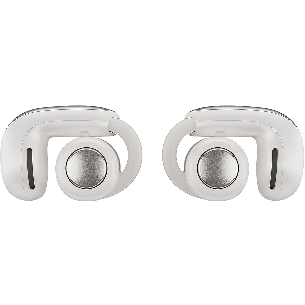 Ein Paar weiße Samsung BOSE Ultra Open-ear Kopfhörer mit runden silbernen Akzenten und geschwungenen Bügeln, die ein offenes Design für ganztägigen Tragekomfort bieten.