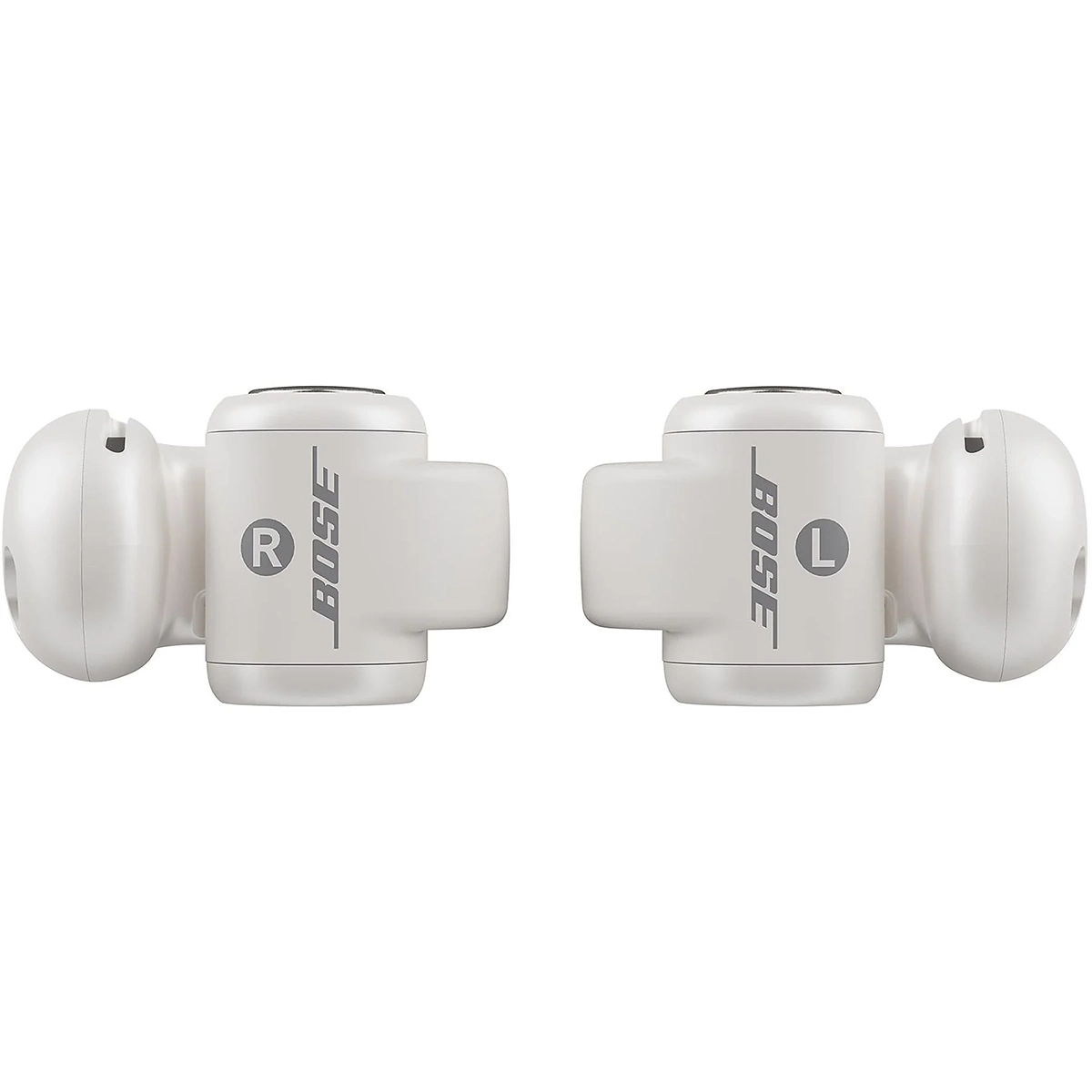 Die Samsung BOSE Ultra Open-ear Kopfhörer in Weiß, mit R und L Kennzeichnung und offenem Design, sind nebeneinander auf weißem Hintergrund abgebildet.