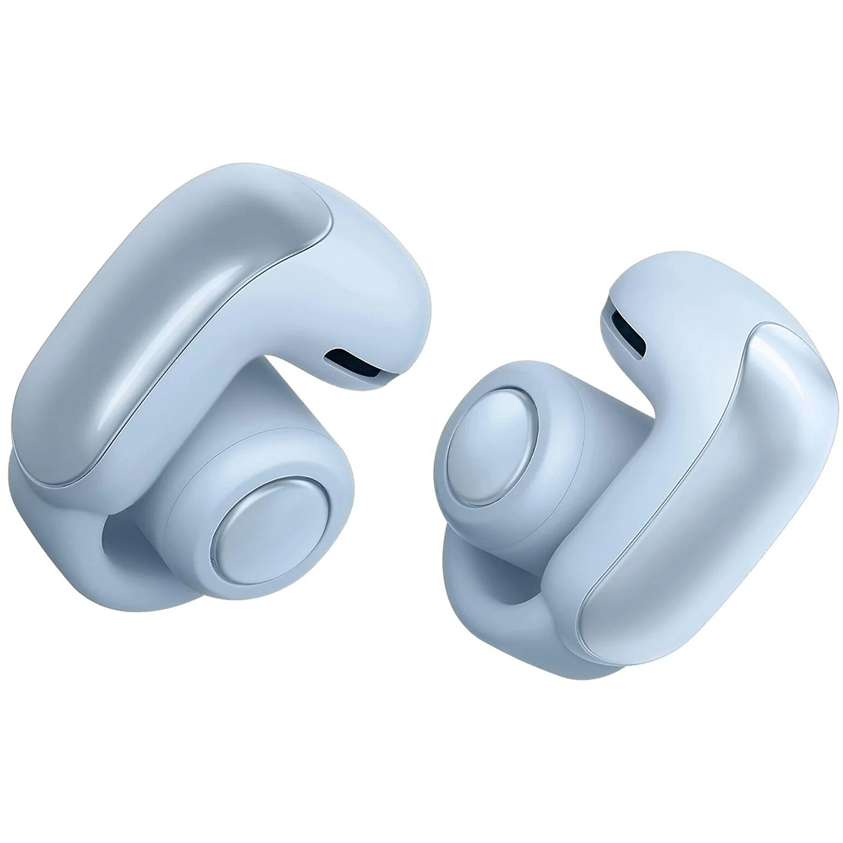 Ein Paar BOSE Ultra Open-ear Kopfhörer in Blau mit dem schlanken, abgerundeten Open-Ear-Design von Bose wird auf weißem Hintergrund gezeigt.