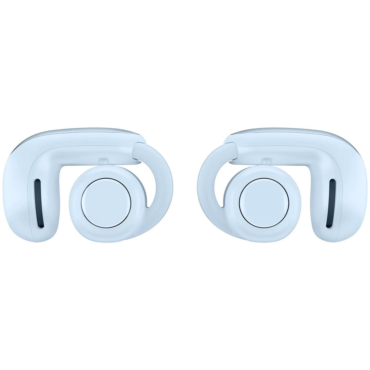 Ein Paar blaue BOSE Ultra Open-ear Kopfhörer von Bose mit Open-Ear-Design, nebeneinander abgebildet.
