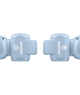 Ein Paar blaue BOSE Ultra Open-ear Kopfhörer von Bose mit offenem Design und Kennzeichnung für das rechte und linke Ohr.