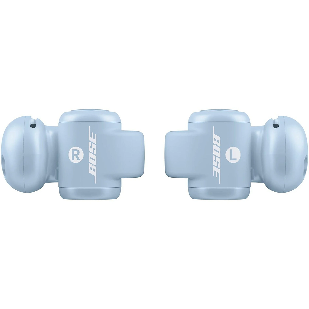 Ein Paar blaue BOSE Ultra Open-ear Kopfhörer von Bose mit offenem Design und Kennzeichnung für das rechte und linke Ohr.