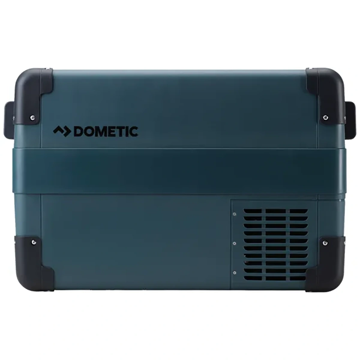 Die blaue, rechteckige Dometic CFX2 Kompressorkühlbox von Dometic verfügt über seitliche Griffe und eine Lüftungsöffnung unten rechts – ideal als mobile Kühlbox für Ihre Abenteuer.