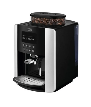 Der Krups Arabica Quatro EA8178 Kaffeevollautomat in elegantem Schwarz verfügt über einen praktischen Bohnenbehälter oben und eine Auffangschale unten und ist damit die perfekte Wahl für Kaffeeliebhaber, die sowohl Wert auf Stil als auch auf Funktionalität legen.