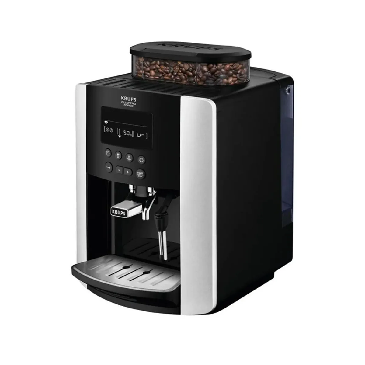 Der Krups Arabica Quatro EA8178 Kaffeevollautomat in elegantem Schwarz verfügt über einen praktischen Bohnenbehälter oben und eine Auffangschale unten und ist damit die perfekte Wahl für Kaffeeliebhaber, die sowohl Wert auf Stil als auch auf Funktionalität legen.