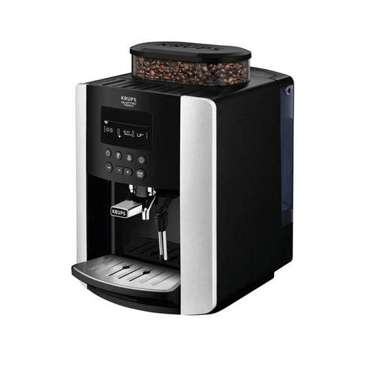 Der Krups Arabica Quatro EA8178 Kaffeevollautomat in elegantem Schwarz verfügt über einen praktischen Bohnenbehälter oben und eine Auffangschale unten und ist damit die perfekte Wahl für Kaffeeliebhaber, die sowohl Wert auf Stil als auch auf Funktionalität legen.