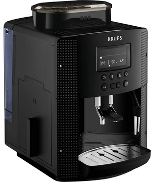 Der Krups EA 81M8 Kaffeevollautomat in Schwarz mit Digitalanzeige, zwei Ausläufen und fortschrittlichem Thermoblock-System wird von vorne gezeigt.