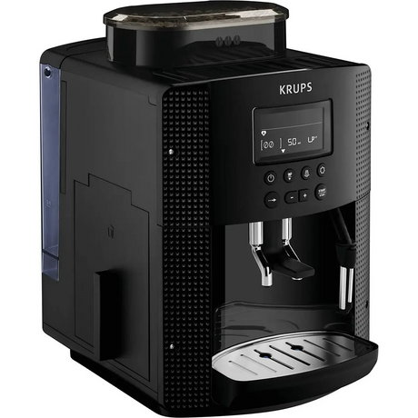Der Krups EA 81M8 Kaffeevollautomat in Schwarz mit Digitalanzeige, zwei Ausläufen und fortschrittlichem Thermoblock-System wird von vorne gezeigt.