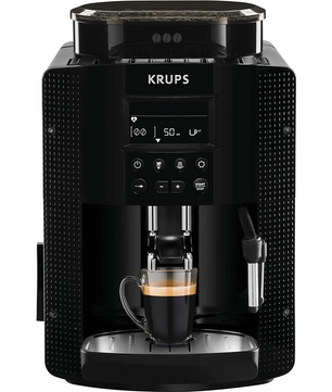 Der Krups EA 81M8 Kaffeevollautomat in Schwarz verfügt über eine Digitalanzeige, Tasten und eine Glastasse mit Espresso unter dem Auslauf. Sein effizientes Thermoblock-System von Krups sorgt jedes Mal für einen perfekten Brühvorgang.
