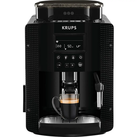 Der Krups EA 81M8 Kaffeevollautomat in Schwarz verfügt über eine Digitalanzeige, Tasten und eine Glastasse mit Espresso unter dem Auslauf. Sein effizientes Thermoblock-System von Krups sorgt jedes Mal für einen perfekten Brühvorgang.