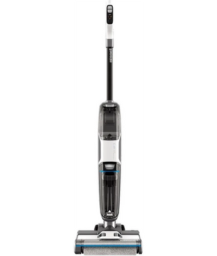 Der BISSELL Crosswave HF3 Pro 3641N Waschstaubsauger in Silber ist ein moderner kabelloser Staubsauger für Saugen und Wischen, von vorne gesehen mit einem schlanken Design ähnlich dem schwarzen, weißen und grauen Bissell CrossWave HF3.