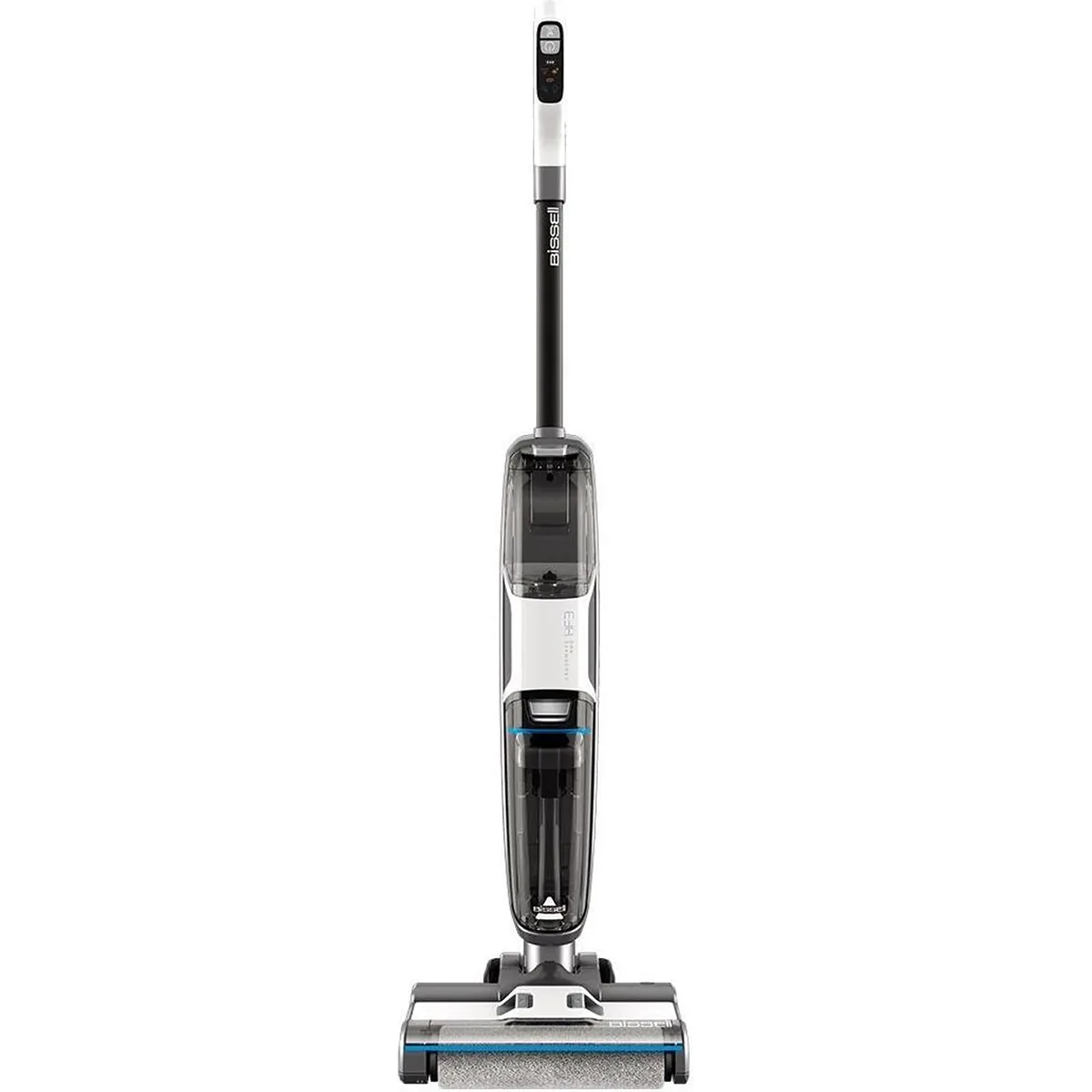 Der BISSELL Crosswave HF3 Pro 3641N Waschstaubsauger in Silber ist ein moderner kabelloser Staubsauger für Saugen und Wischen, von vorne gesehen mit einem schlanken Design ähnlich dem schwarzen, weißen und grauen Bissell CrossWave HF3.