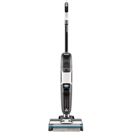 Der BISSELL Crosswave HF3 Pro 3641N Waschstaubsauger in Silber ist ein moderner kabelloser Staubsauger für Saugen und Wischen, von vorne gesehen mit einem schlanken Design ähnlich dem schwarzen, weißen und grauen Bissell CrossWave HF3.