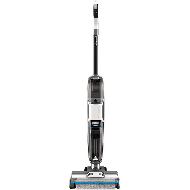 Der BISSELL Crosswave HF3 Pro 3641N Waschstaubsauger in Silber ist ein moderner kabelloser Staubsauger für Saugen und Wischen, von vorne gesehen mit einem schlanken Design ähnlich dem schwarzen, weißen und grauen Bissell CrossWave HF3.