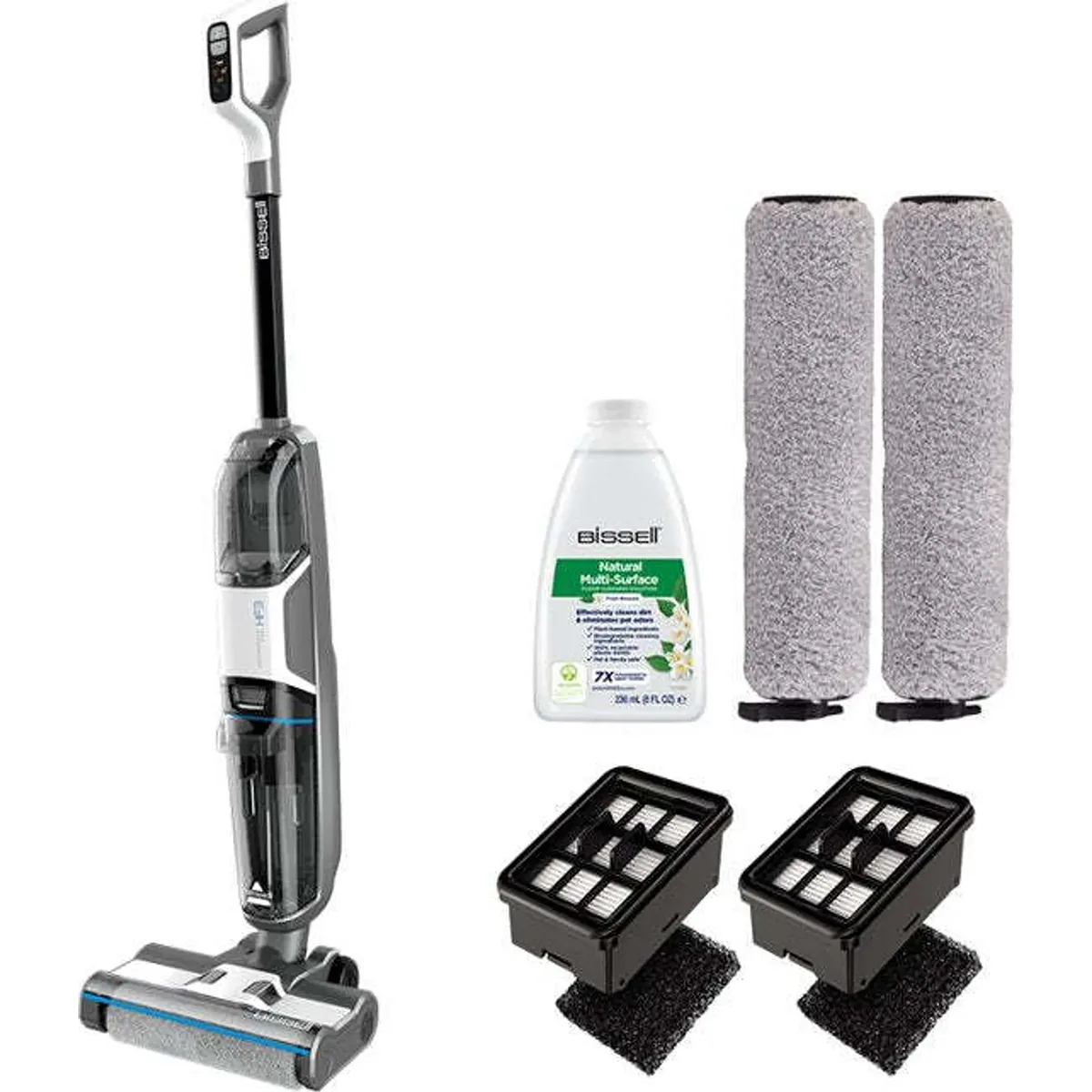 Der BISSELL Crosswave HF3 Pro 3641N Waschstaubsauger in Silber kommt kabellos mit zwei Roller-Bürstenköpfen, zwei Filtern und Multi-Surface-Reinigungslösung - ideal zum gleichzeitigen Saugen und Wischen.