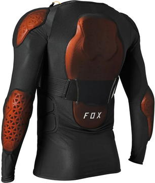 Die Fox Baseframe Pro D30 Protektorenjacke in Größe M (schwarz) verfügt über braune Panzerungen an Rücken, Schultern und Ellbogen. Ideal als Mountainbike Protektorenjacke für verbesserten Schutz bei jeder Fahrt.