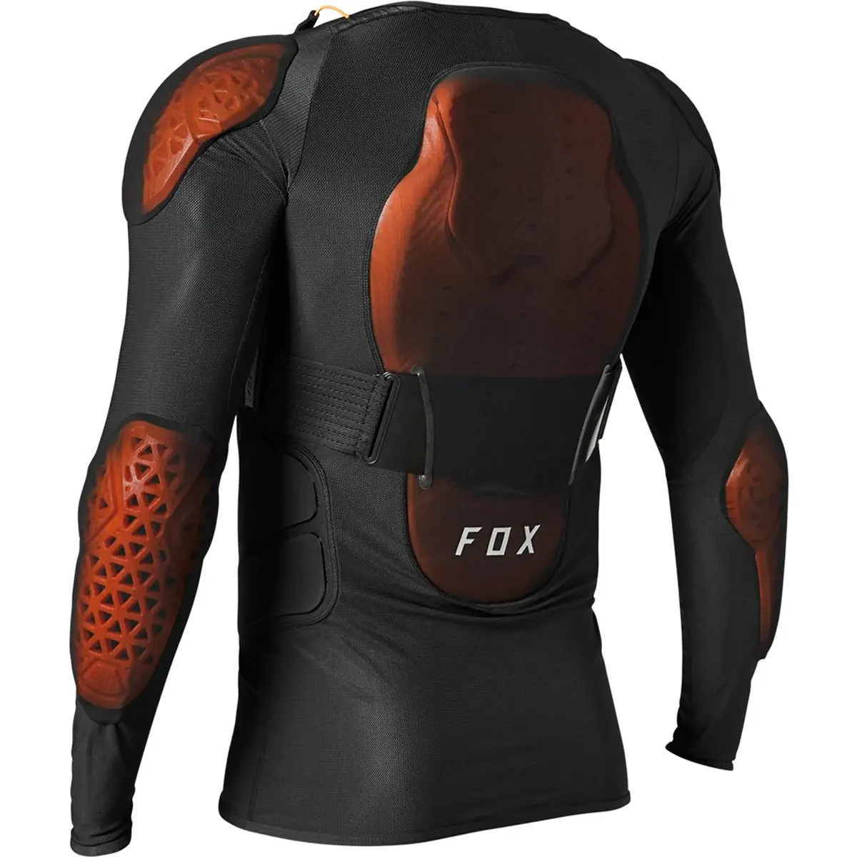 Die Fox Baseframe Pro D30 Protektorenjacke in Größe M (schwarz) verfügt über braune Panzerungen an Rücken, Schultern und Ellbogen. Ideal als Mountainbike Protektorenjacke für verbesserten Schutz bei jeder Fahrt.