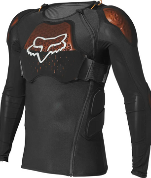 Die Fox Baseframe Pro D30 Protektorenjacke in Größe M, schwarz, ist eine langärmelige Jacke mit dem Fox Logo und D3O Aufprallschutz für erweiterten Aufprallschutz.