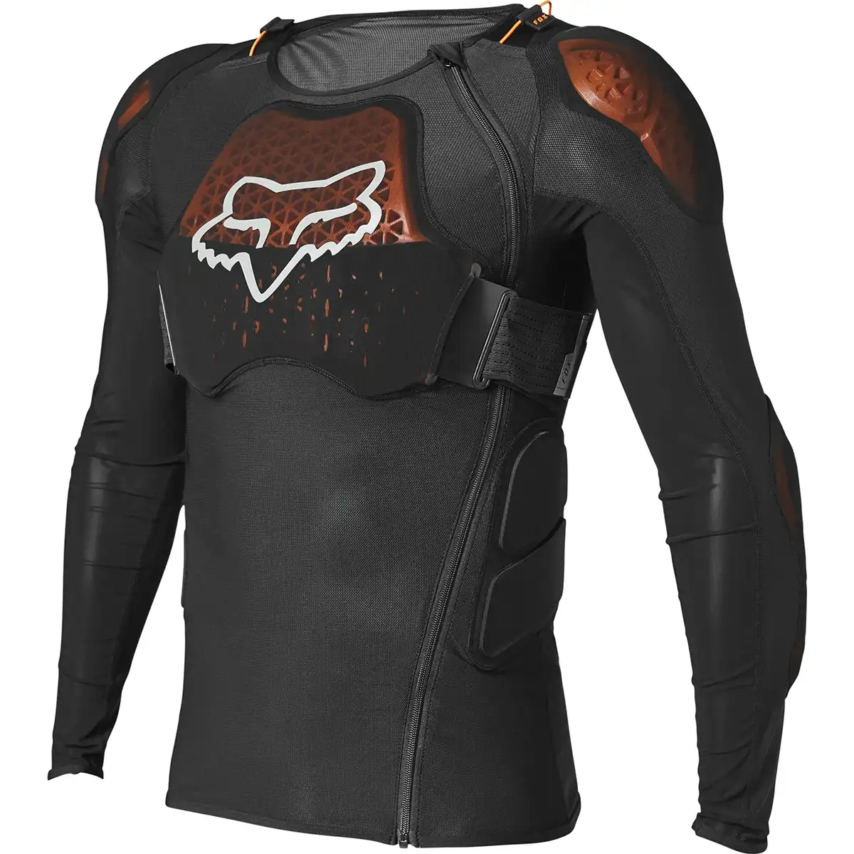 Die Fox Baseframe Pro D30 Protektorenjacke in Größe M, schwarz, ist eine langärmelige Jacke mit dem Fox Logo und D3O Aufprallschutz für erweiterten Aufprallschutz.