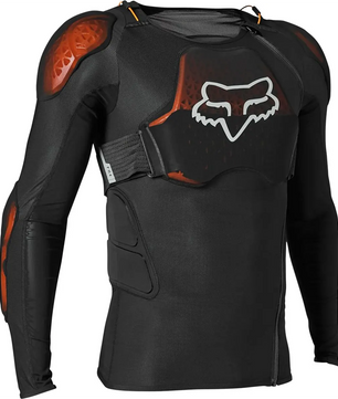 Die Fox Baseframe Pro D30 Protektorenjacke in Größe M (schwarz) bietet Brust-, Schulter- und Armpolsterung mit D3O-Aufprallschutz und trägt das Fox-Logo.