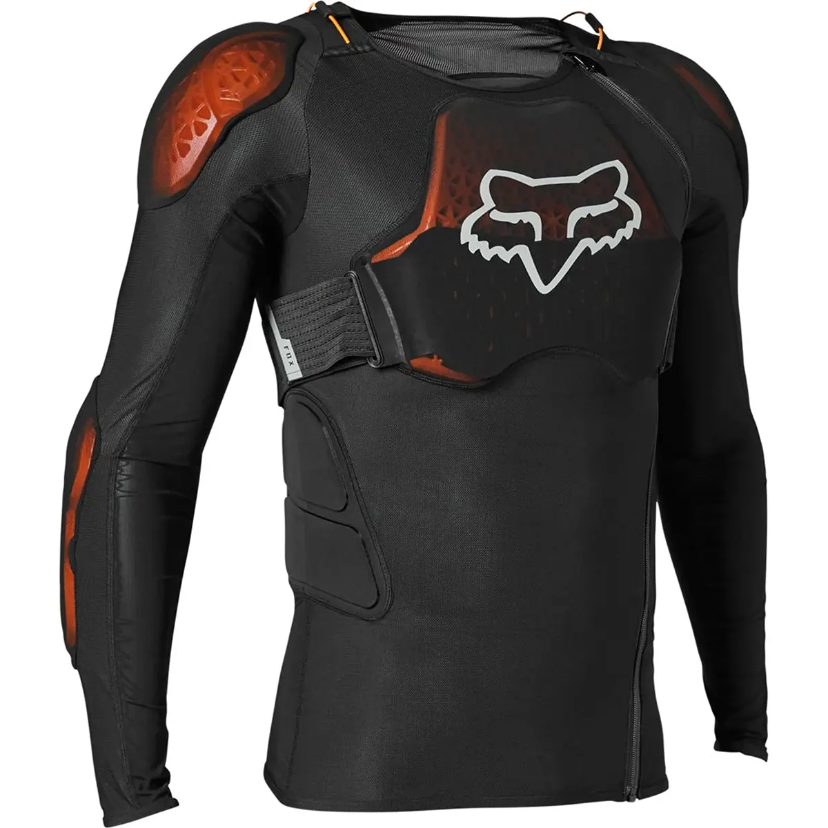 Die Fox Baseframe Pro D30 Protektorenjacke in Größe M (schwarz) bietet Brust-, Schulter- und Armpolsterung mit D3O-Aufprallschutz und trägt das Fox-Logo.