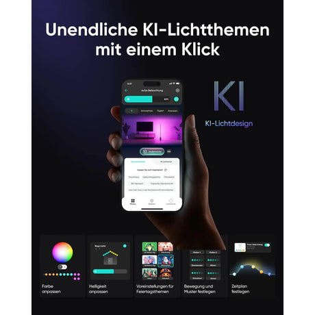 Eine Person nutzt ein Smartphone, um die lebendige, KI-gesteuerte Beleuchtung der eufy Zimmer-Stehlampe E10 einzustellen, die den modernen Raum mit farbenfroher RGBWW-Beleuchtung erfüllt.