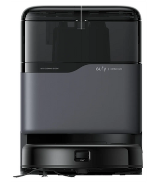Der eufy Omni C20 Saug- und Wischroboter – schwarz und seine Reinigungsstation von eufy, von vorne gesehen.