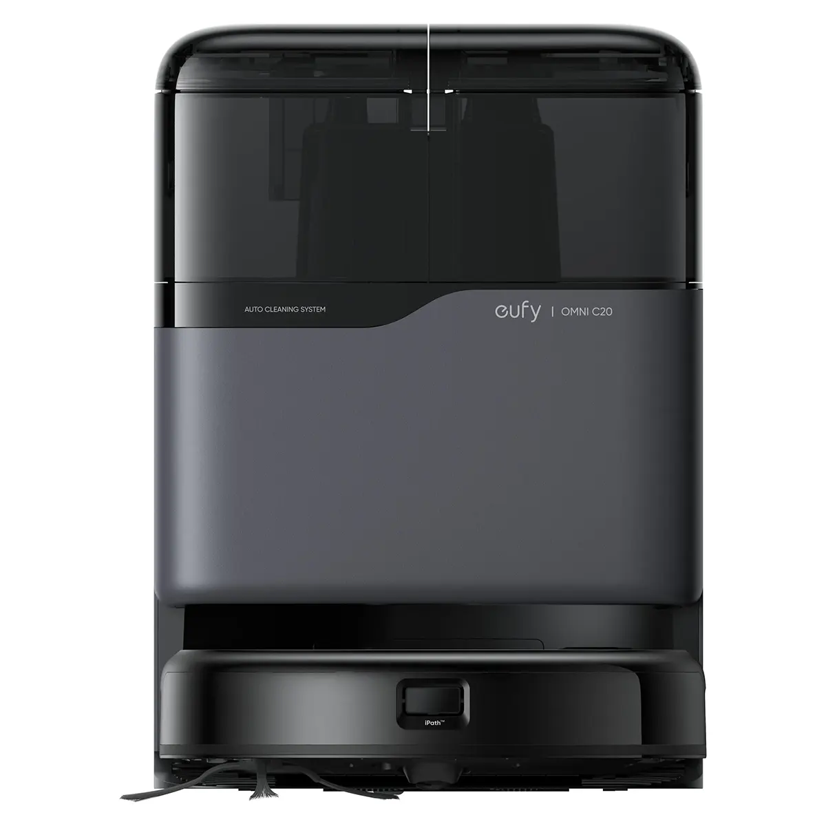 Der eufy Omni C20 Saug- und Wischroboter – schwarz und seine Reinigungsstation von eufy, von vorne gesehen.