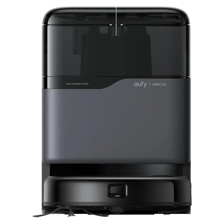 Der eufy Omni C20 Saug- und Wischroboter – schwarz und seine Reinigungsstation von eufy, von vorne gesehen.