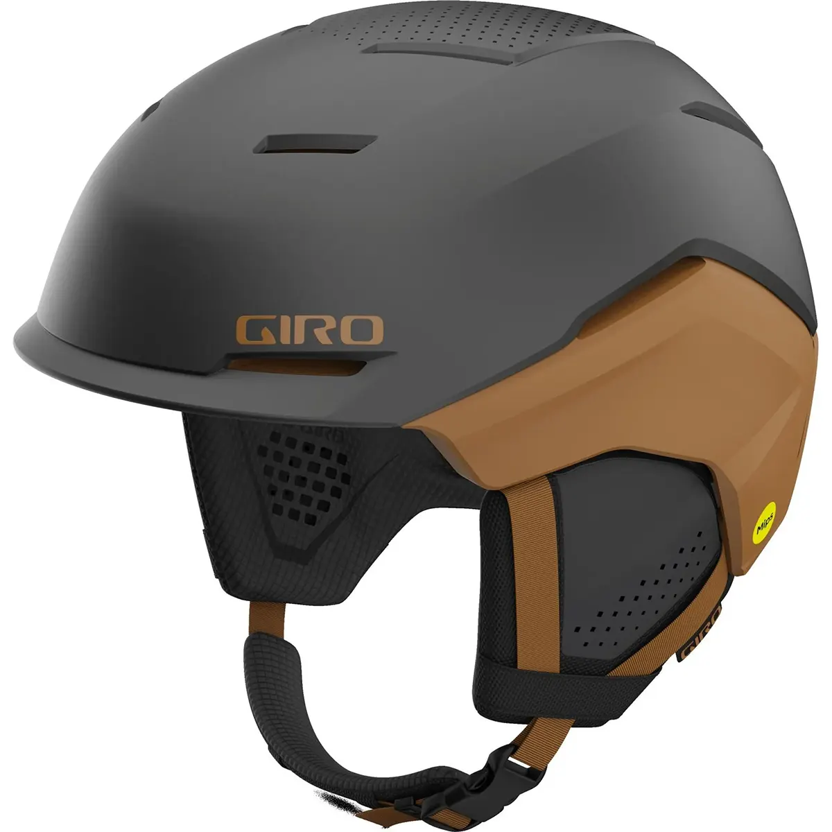 Der Giro Tenet Skihelm Größe S in Braun von Giro verfügt über ein mattes Finish, einen Kinnriemen, einen Ohrenschutz und die fortschrittliche MIPS-Technologie für zusätzliche Sicherheit - hier in der Seitenansicht.