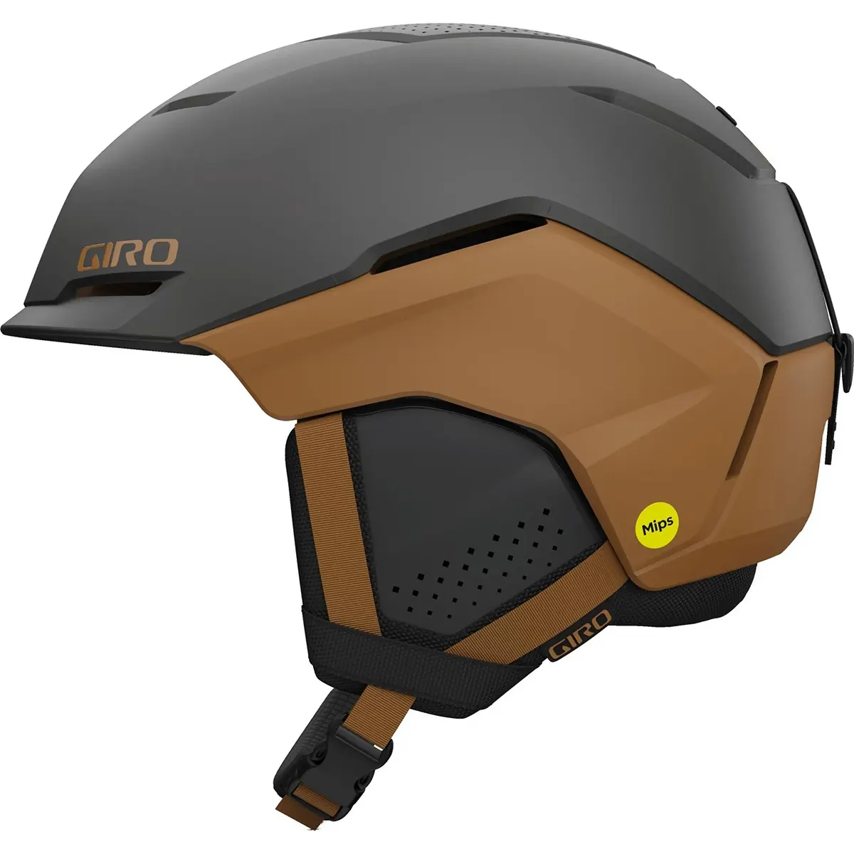 Der Giro Tenet Skihelm in Größe S und braun ist mit einem Kinnriemen und MIPS Technologie Aufkleber ausgestattet, was ihn zu einem idealen All-Mountain Helm macht.