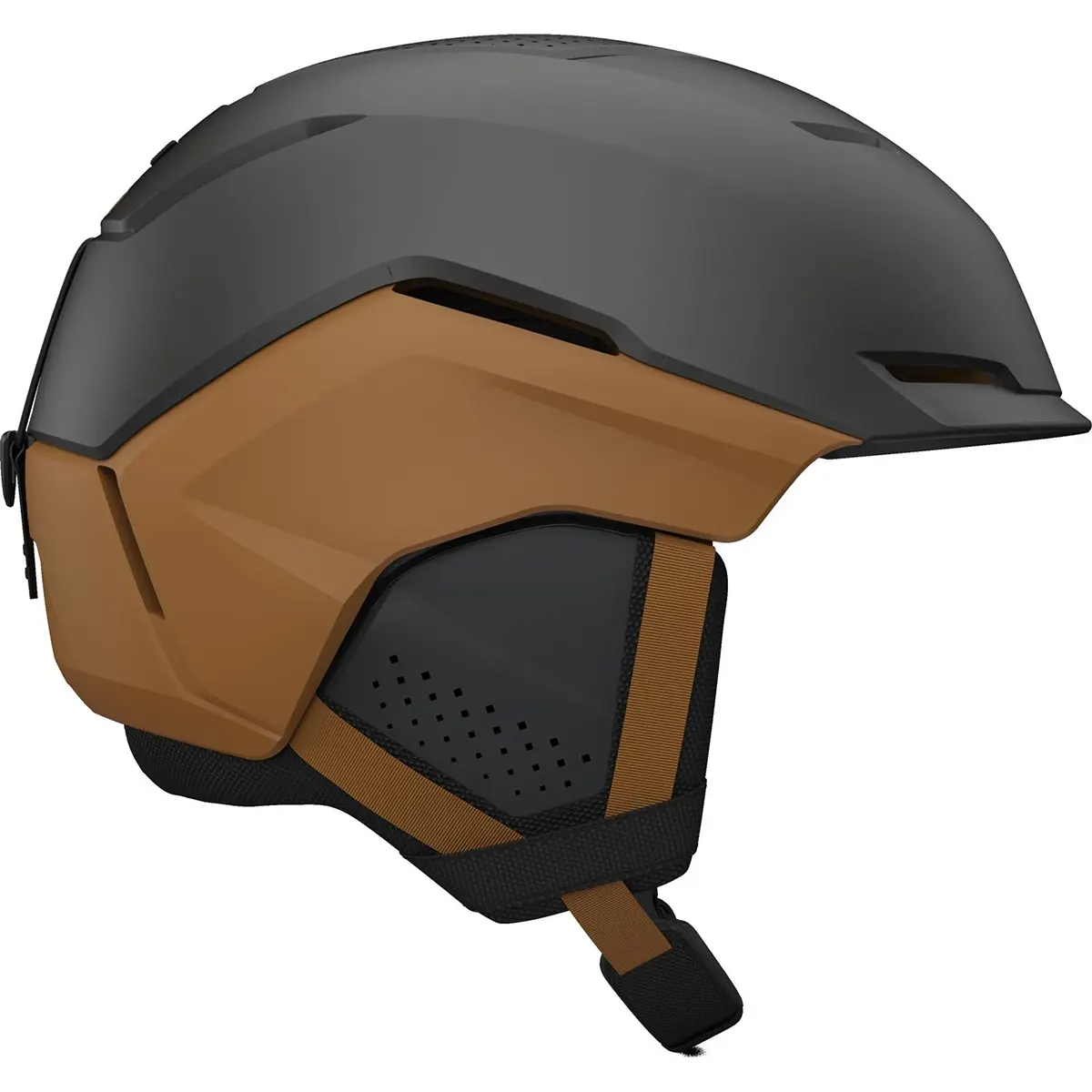 Ein brauner Giro Tenet Skihelm (Größe S) von Giro, gezeigt von der Seite, mit Ohrenschutz und verstellbarem Kinnriemen. Dieser All-Mountain-Helm verfügt über die innovative MIPS-Technologie für mehr Sicherheit.