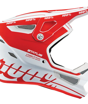 Der 100% Status Topenga Helm in Größe L (rot) von 100% verfügt über Belüftungslöcher und ein auffälliges Seitenbranding - ideal für Downhill-Mountainbiking oder Motocross.