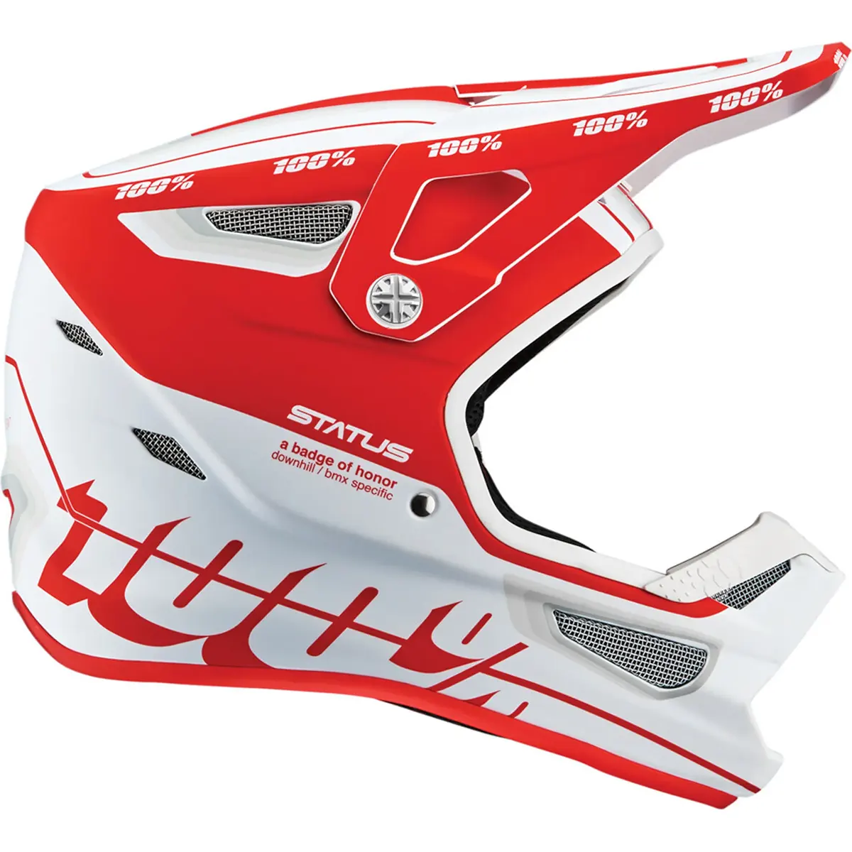 Der 100% Status Topenga Helm in Größe L (rot) von 100% verfügt über Belüftungslöcher und ein auffälliges Seitenbranding - ideal für Downhill-Mountainbiking oder Motocross.